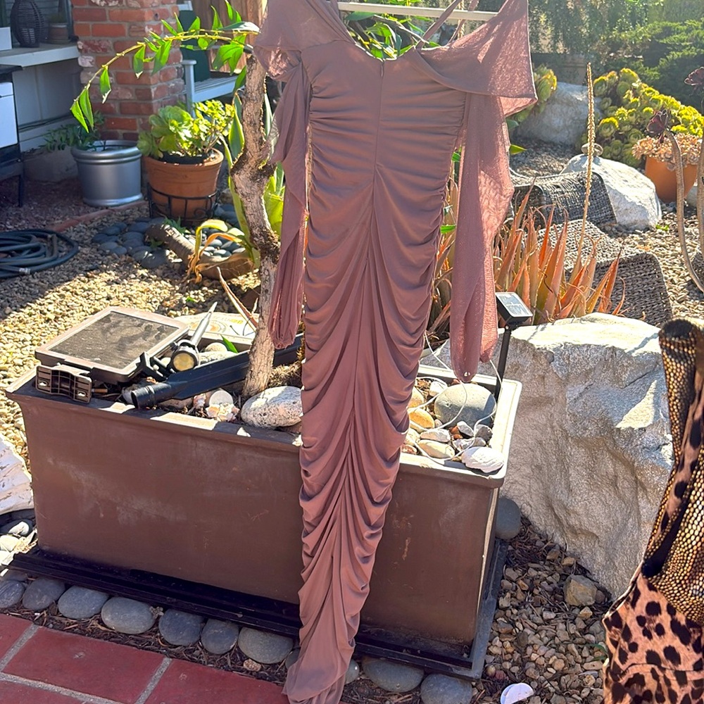 Elegant Ruched Brown Long Dress Size 2. Breathtaking